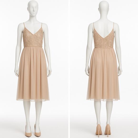 Adrianna Papell Sequin Embroidered Tulle Midi Dress Nude Beige Size 8 Formal - Picture 1 of 11